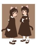  2girls akai_sashimi animal_ears arms_at_sides bangs black_dress black_footwear black_hair blush bow braid brown_background cat_ears cat_tail collared_dress crossed_arms dress grey_eyes hair_bow long_hair long_sleeves looking_at_viewer mary_janes multiple_girls no_mouth original pantyhose shoes simple_background sleeve_cuffs standing tail white_bow white_legwear 