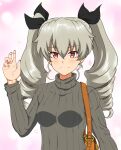  1girl ada_badguy anchovy_(girls_und_panzer) bag bangs black_ribbon carrying closed_mouth commentary_request drill_hair eyebrows_visible_through_hair girls_und_panzer green_hair green_shirt hair_ribbon handbag highres long_hair long_sleeves looking_at_viewer partial_commentary red_eyes ribbed_shirt ribbon shirt smile solo standing turtleneck twin_drills twintails upper_body waving 