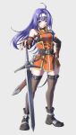  1girl ahoge armor bangs bare_shoulders belt black_footwear black_gloves breasts commentary dress elbow_gloves eyebrows_visible_through_hair fire_emblem fire_emblem:_path_of_radiance fire_emblem_heroes full_body funami_dingo gloves green_eyes grey_background grey_belt grey_legwear hairband highres long_hair looking_at_viewer mia_(fire_emblem) official_alternate_costume orange_dress pauldrons planted planted_sword purple_hair scabbard sheath shoes short_dress shoulder_armor simple_background sleeveless sleeveless_dress small_breasts smile solo standing sword thigh-highs weapon white_hairband zettai_ryouiki 