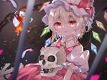  1girl :d ascot bangs blonde_hair blurry chain collared_shirt crystal depth_of_field eyebrows_visible_through_hair fire flandre_scarlet hat hat_ribbon highres holding holding_skull looking_at_viewer mob_cap open_mouth pafe_yuzuran pointy_ears red_eyes red_ribbon red_skirt red_vest ribbon shirt skirt skull smile touhou upper_body vest white_headwear white_shirt wings yellow_ascot 