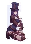  1girl artist_name belt black_hair breasts brown_belt brown_gloves bullet caitlyn_(league_of_legends) frills gloves gun hat heart highres holding holding_gun holding_weapon jacket kneeling large_breasts league_of_legends long_hair long_sleeves looking_at_viewer rifle ruan_chen_yue shoes sniper_rifle solo thigh_pouch thigh_strap top_hat weapon white_background 