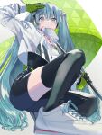  1girl aqua_eyes aqua_hair bangs flag flagpole gloves goodsmile_racing hatsune_miku highres holding holding_flag jacket long_hair looking_at_viewer looking_down natsumi_(katonatucareercomic) racing_miku racing_miku_(2022) salute shoes vocaloid 