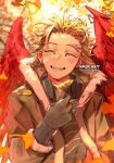  1boy artist_name blonde_hair blush boku_no_hero_academia closed_eyes facing_viewer feathered_wings fur-trimmed_jacket fur_trim gloves happy hawks_(boku_no_hero_academia) jacket kadeart long_sleeves male_focus open_mouth red_wings short_hair smile solo upper_body wings 