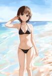  1girl absurdres beach bikini black_bikini blue_sky breasts brown_eyes brown_hair clouds cowboy_shot day funami_yui highres horizon keibi_inu ocean outdoors parted_lips short_hair sky small_breasts solo swimsuit yuru_yuri 