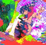  1girl arrow_(symbol) bangs black_hair cracked_glass glitch highres horns itomugi-kun kijin_seija multicolored_background multicolored_hair paint_splatter psychedelic red_eyes redhead sandals short_hair skirt smile solo streaked_hair toes touhou white_hair 