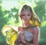  1girl backlighting bare_shoulders blonde_hair blue_eyes blurry blurry_background bracelet breasts crying crying_with_eyes_open day floating_hair hair_behind_ear jewelry lechu lips long_hair looking_at_viewer nature necklace own_hands_together pointy_ears princess_zelda solo strapless tears the_legend_of_zelda the_legend_of_zelda:_breath_of_the_wild upper_body 