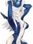  1girl absurdres bangs blue_bodysuit blue_eyes blue_headwear bodysuit bontomu breasts commentary duel_monster expressionless hair_over_one_eye highres hip_vent holding_headdress long_hair medium_breasts one_eye_covered silent_magician solo white_background white_hair yu-gi-oh! 