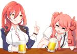  2girls :d alcohol bangs beer beer_mug blue_jacket blush breasts closed_eyes cup drunk earrings frederica_nikola_tesla glasses hair_between_eyes highres holding holding_cup honkai_(series) honkai_impact_3rd jacket jewelry large_breasts long_hair long_sleeves mechanical_arms mug multiple_girls murata_himeko necktie open_mouth polo_shirt ponytail red_necktie ritore shirt short_sleeves single_mechanical_arm smile table teacher twintails watch watch white_background white_shirt 