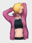  1girl android_18 arms_behind_head blonde_hair closed_mouth dragon_ball dragon_ball_super grey_background jacket kemachiku long_sleeves looking_to_the_side midriff navel pink_jacket short_hair simple_background solo sportswear track_jacket 