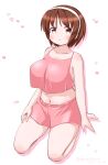  1girl alternate_costume breasts brown_eyes brown_hair camisole full_body hairband kantai_collection large_breasts masara_(chuujou) natori_(kancolle) pink_camisole pink_shorts short_hair shorts sitting solo wariza white_background white_hairband 