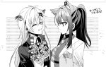  2girls :d ^_^ animal_ear_fluff animal_ears arknights bangs blush bouquet chihuri closed_eyes closed_mouth collared_shirt diagonal-striped_neckwear diagonal_stripes ear_piercing eyebrows_visible_through_hair facing_another fang flower greyscale hair_between_eyes hair_ornament hairclip highres jacket lappland_(arknights) long_hair looking_at_another monochrome multiple_girls necktie open_clothes open_jacket piercing ponytail rose shirt smile striped texas_(arknights) translation_request upper_body very_long_hair white_background 