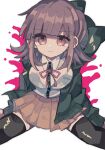  1girl animal_ears bangs breasts brown_eyes brown_hair brown_skirt closed_mouth danganronpa_(series) danganronpa_2:_goodbye_despair dress_shirt eyebrows_visible_through_hair fake_animal_ears frown green_jacket hair_ornament highres hood hood_down jacket koneko-san large_breasts looking_at_viewer medium_hair miniskirt nanami_chiaki neck_ribbon open_clothes open_jacket pink_background pleated_skirt ribbon shirt shirt_tucked_in sitting skirt thigh-highs white_background 