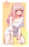  1girl absurdres blush breasts closed_mouth hair_between_eyes highres inui_sajuna kneeling long_hair looking_at_viewer no_bra oversized_clothes oversized_shirt pink_hair shirt simple_background small_breasts solo sono_bisque_doll_wa_koi_wo_suru unstableboiler violet_eyes white_shirt 