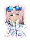  1girl :d absurdres bangs black_eyes eyebrows_behind_hair eyewear_on_head hair_between_eyes hands_on_own_cheeks hands_on_own_face highres light_blush looking_to_the_side maam._(summemixi) open_mouth pink_hair portrait smile solo sunglasses translation_request white_hair 