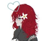  1girl blue_eyes closed_mouth curly_hair d.k devola flower hair_flower hair_ornament heart long_hair nier_(series) nier_automata redhead simple_background solo white_background 