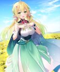  1girl :d bandaged_arm bandages bare_shoulders blonde_hair blue_sky breasts clouds commentary_request copyright_request day elf field flower flower_field gradient_hair green_eyes green_hair green_skirt hands_up highres kisaragi_yuri long_hair medium_breasts mountain multicolored_hair outdoors pointy_ears shirt single_wrist_cuff skirt sky sleeveless sleeveless_shirt smile solo streaked_hair very_long_hair virtual_youtuber white_shirt wrist_cuffs yellow_flower 