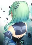 1girl absurdres black_butterfly blue_dress blue_hair bug butterfly commentary crying detached_sleeves double_bun dress english_commentary facing_away from_behind gradient_hair green_hair hair_ornament highres hololive multicolored_hair short_hair signature solo tagcaat upper_body uruha_rushia virtual_youtuber 