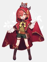  1boy animal_on_head book boots cape cat cat_on_head coojisan cosplay eyebrows_visible_through_hair floral_print grey_background grimm&#039;s_fairy_tales gun hair_between_eyes hanasaki_miyabi highres holding holding_cape holding_clothes holostars hood little_red_riding_hood little_red_riding_hood_(grimm) little_red_riding_hood_(grimm)_(cosplay) long_sleeves looking_at_viewer on_head open_mouth rose_print short_shorts shorts simple_background teeth virtual_youtuber weapon 