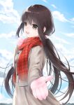  1girl :d bangs black_eyes brown_coat brown_hair buttons coat day eyebrows_visible_through_hair gloves hair_ornament hair_scrunchie hand_up long_hair long_sleeves low_twintails open_mouth original outdoors plaid plaid_scarf red_scarf scarf scrunchie smile solo teeth twintails upper_teeth waka_(shark_waka) white_gloves 