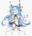  1girl :3 animal_ears armored_boots azur_lane bangs blue_eyes blue_hair blush boots cropped_torso dress gjvdrs_963 gradient_hair grey_background hair_over_one_eye hand_on_hip highres light_blue_hair long_hair long_sleeves looking_at_viewer maille-breze_(azur_lane) multicolored_hair parted_lips puffy_long_sleeves puffy_sleeves simple_background solo thigh-highs thigh_boots very_long_hair white_dress white_footwear 