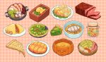  bottle bowl brick cabbage carrot cheese commentary diamond_(gemstone) dungeon_meshi english_commentary food food_focus fruit fruit_cup highres hotpot ice jam jar jewelry leaf mandrake meat mushroom no_humans omelet pie_slice pizza pizza_slice plaid plaid_background plate potato red_background softboiled_egg soup taikun_kambashi tart_(food) tempura tonkatsu vegetable 