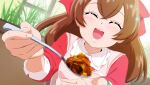  1girl brown_hair closed_eyes curry delicious_party_precure eyebrows_visible_through_hair feeding food fuchi_(nightmare) holding holding_spoon incoming_food indoors long_hair long_sleeves nagomi_yui open_mouth pink_shirt pov_across_table precure shirt smile solo spoon upper_body 