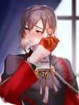  1boy blush brown_hair cape colored_inner_hair crying curtains ear_piercing gloves half_gloves hand_on_own_face jewelry multicolored_hair nu_carnival piercing pu6t4 red_eyes red_gloves redhead solo tassel window yakumo_(nu_carnival) 