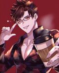  &gt;_o 1boy absurdres bangs belial_(granblue_fantasy) black_hair black_shirt chiharudaaaaaaa coffee_cup collared_shirt cup disposable_cup floral_print glasses granblue_fantasy highres holding holding_cup large_pectorals looking_at_viewer male_focus official_alternate_costume one_eye_closed pectorals red_eyes shirt short_hair smile solo teeth upper_body 