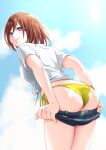  1girl absurdres bikini black_shorts blue_sky brown_hair clouds from_behind highres leaning_forward looking_at_viewer macosee original shirt short_hair shorts side-tie_bikini sky smile solo swimsuit t-shirt tied_shirt undressing violet_eyes white_shirt yellow_bikini 