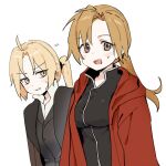  2girls ahoge alphonse_elric alternate_hairstyle bangs blonde_hair blush breasts brown_eyes clenched_teeth coat edward_elric fullmetal_alchemist gaeguribanchan genderswap genderswap_(mtf) highres light_brown_hair long_hair long_sleeves looking_at_viewer medium_breasts multiple_girls open_mouth ponytail red_coat simple_background sweat teeth white_background yellow_eyes 