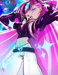  1girl bow concert cookie_run gloves humanization jizhuileikunchong long_hair multicolored_hair music one_eye_closed pants personification pink_hair shining_glitter_cookie singing solo sparkle white_pants 