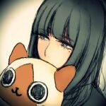  1boy arisa_(yuki_touko) bangs black_hair blunt_bangs close-up felyne grey_eyes long_hair looking_down male_focus mole mole_under_eye monster_hunter_(series) original otoko_no_ko solo stuffed_animal stuffed_toy yuki_touko 