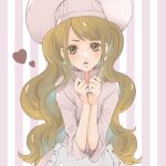 1girl bangs brown_eyes brown_hair charlotte_pudding chef_hat chef_uniform earrings hat heart hidden_eyes hiyo_(1571624) jewelry long_hair one_piece solo striped striped_background twintails wavy_hair 