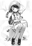  1girl arm_up backpack bag bangs braid collared_shirt commentary fangs female_protagonist_(pokemon_sv) gen_9_pokemon greyscale grin hand_on_headwear hat highres kneehighs looking_at_viewer monochrome pokemon pokemon_(creature) pokemon_(game) pokemon_sv ririko_(zhuoyandesailaer) shirt shoes short_shorts short_sleeves shorts sitting sketch smile sprigatito thick_eyebrows tree 