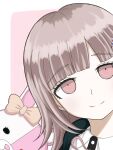  1girl bangs blunt_bangs brown_hair collared_shirt danganronpa_(series) danganronpa_2:_goodbye_despair ear_bow eyebrows_visible_through_hair grey_background hair_ornament long_hair monomi_(danganronpa) nanami_chiaki neck_ribbon pink_ribbon portrait ribbon rurune_(wdxh8485) shirt smile white_background white_shirt 