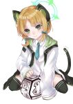 1girl ^^^ asymmetrical_bangs bangs black_jacket blonde_hair blue_archive blue_necktie blush bow cat_ear_headphones cat_tail chesed_(blue_archive) closed_mouth collared_shirt green_bow green_eyes green_jacket hair_bow halo headphones highres hood hooded_jacket jacket long_sleeves looking_at_viewer midori_(blue_archive) multicolored_clothes multicolored_jacket necktie on_floor open_clothes open_jacket shirt short_hair short_necktie simple_background sleeves_past_fingers sleeves_past_wrists solo tail thigh-highs white_background white_jacket white_shirt zn30en 