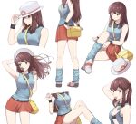  1girl absurdres arm_behind_head arm_up armpits bag bare_arms blue_legwear blue_shirt brown_hair closed_mouth commentary fook_(gcts5284) hat highres kneehighs leaf_(pokemon) long_hair looking_at_viewer loose_socks miniskirt mouth_hold multiple_views pleated_skirt pokemon pokemon_(game) pokemon_frlg ponytail red_eyes red_skirt shiny shiny_hair shirt skirt sleeveless sleeveless_shirt standing straight_hair tying_hair upper_body white_background white_headwear wristband 
