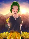  1boy :d blurry blush closed_eyes clouds commentary_request facing_viewer flower green_hair hau_(pokemon) highres kajiki_ngtk9 lens_flare male_focus open_mouth outdoors pokemon pokemon_(game) pokemon_sm shirt short_hair short_sleeves shorts sky smile solo sun sunset t-shirt teeth tongue twilight upper_teeth yellow_flower 