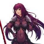  1girl abs armor bangs bodysuit breasts covered_navel fate/grand_order fate_(series) finger_gun hair_intakes hand_on_hip highres large_breasts long_hair navel one_eye_closed open_mouth polearm purple_bodysuit purple_hair red_eyes scathach_(fate) smile solo spear usd_(wwkr2537) very_long_hair weapon 