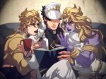  3boys armband black_hair book bracelet coat coffee_mug colored_skin couch cup diamond_wa_kudakenai dio_brando dual_persona facial_mark hat headband heaven_ascended_dio jacket jewelry jojo_no_kimyou_na_bouken jojo_no_kimyou_na_bouken:_eyes_of_heaven kujo_jotaro less_end lipstick long_coat makeup male_focus mug multiple_boys purple_skin reading shaded_face shoulder_belt stardust_crusaders turtleneck white_coat yellow_jacket 