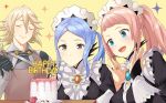  1boy 2girls absurdres armor bangs birthday birthday_cake black_dress blue_eyes blue_hair breasts bridal_gauntlets brooch cake candy center_frills closed_eyes closed_mouth commentary commission corrin_(fire_emblem) corrin_(fire_emblem)_(male) dress english_commentary felicia_(fire_emblem) fire_emblem fire_emblem_fates flora_(fire_emblem) food frills grey_eyes hair_between_eyes happy_birthday highres holding igni_tion jewelry maid maid_headdress medium_breasts multiple_girls open_mouth pink_hair pointy_ears ponytail siblings silver_hair sisters smile twins twintails upper_body yellow_background 