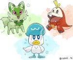  absurdres blue_eyes bright_pupils commentary_request fangs fuecoco highres looking_at_viewer no_humans oekaki_tei open_mouth pokemon pokemon_(creature) quaxly red_eyes smile sprigatito star_(symbol) starter_pokemon_trio tongue twitter_username white_pupils 
