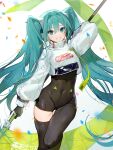  1girl :d absurdres aqua_eyes aqua_hair bangs banner black_bodysuit black_gloves black_legwear bodysuit clothes_writing commentary confetti covered_navel crop_top gloves goodsmile_racing hatsune_miku highres holding leg_up long_hair long_sleeves looking_at_viewer nannaspad parted_lips racing_miku racing_miku_(2022) see-through simple_background single_thighhigh skin_tight smile solo standing standing_on_one_leg thigh-highs thigh_gap twintails very_long_hair vocaloid white_background 