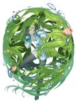 1boy androgynous crossdressing food_fantasy green_eyes green_hair highres imonovel long_hair looking_at_viewer male_focus official_art one_eye_covered otoko_no_ko pale_skin seashell seaweed_salad_(food_fantasy) second-party_source shell solo 