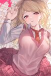  1girl absurdres ahoge akamatsu_kaede bangs blonde_hair blood blush breasts danganronpa_(series) danganronpa_v3:_killing_harmony hair_ornament highres large_breasts long_hair long_sleeves looking_at_viewer lying musical_note musical_note_hair_ornament necktie on_back open_mouth pink_blood pink_vest pleated_skirt school_uniform shirt skirt smile solo sweater_vest vest white_shirt yuzutouhu_ika 