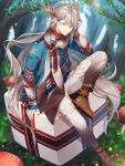  1boy androgynous antlers bishounen blue_eyes brown_hair christmas_ornaments christmas_tree cocosuke finland_sauteed_reindeer_(food_fantasy) food_fantasy full_body highres image_sample long_hair looking_at_viewer male_focus official_art pale_skin reindeer_antlers solo third-party_source 