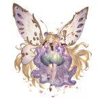  1girl antennae arthropod_girl bangs black_gloves blonde_hair blush breasts bug butterfly butterfly_wings cape double_bun dress eyebrows_visible_through_hair floating floating_hair flower full_body gloves granblue_fantasy hair_flower hair_ornament long_hair looking_at_viewer parted_lips petals shoes small_breasts smile solo sylph_(granblue_fantasy) violet_eyes wings 
