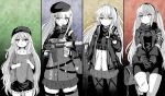  404_(girls&#039;_frontline) 4girls angry assault_rifle bag beret bulletproof_vest commentary_request duffel_bag english_text fingerless_gloves g11_(girls&#039;_frontline) german_text girls_frontline gloves gun h&amp;k_hk416 h&amp;k_ump h&amp;k_ump45 hat highres hk416_(girls&#039;_frontline) holding holding_gun holding_weapon multiple_girls numazume rifle sad sad_smile submachine_gun suspenders tactical_clothes trigger_discipline ump45_(girls&#039;_frontline) ump9_(girls&#039;_frontline) weapon younger 