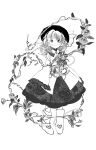  1girl :o absurdres blouse boots bubble_skirt flower full_body greyscale hat highres komeiji_koishi kosei_(wea) medium_skirt monochrome plant skirt sleeves_past_wrists solo third_eye touhou vines wavy_hair 