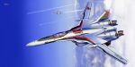  aircraft airplane asterozoa canopy_(aircraft) clouds copyright_name fighter_jet flying highres jet logo macross macross_frontier mecha military military_vehicle no_humans sky solo_focus thrusters vehicle_focus vf-25 
